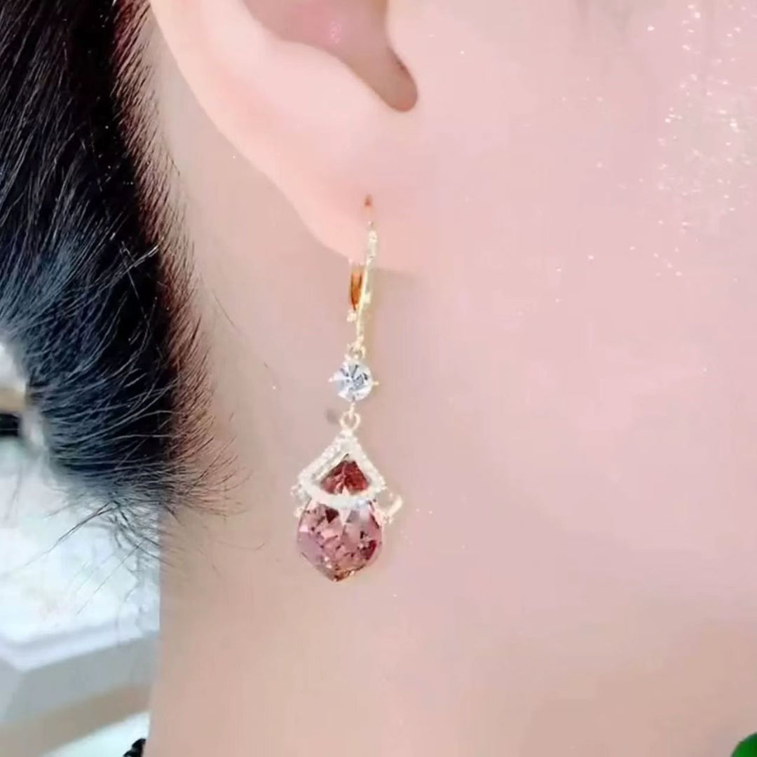 Pink Teardrop Diamond Drop Hoop Earrings