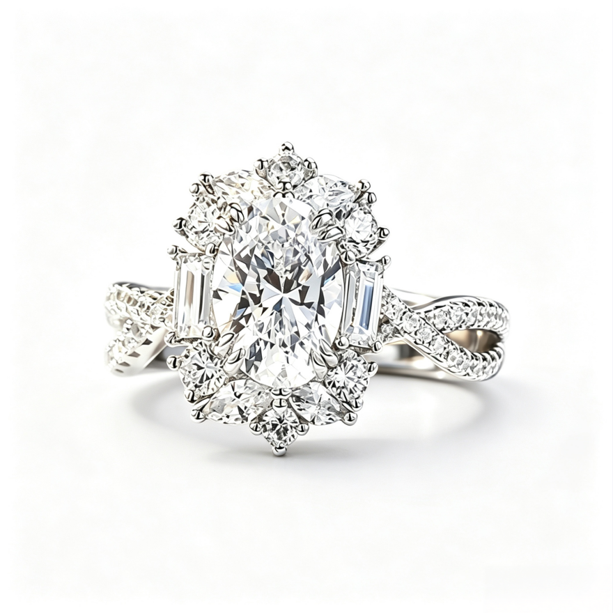 S925 Silver Oval‑Center Floral Halo Diamond Ring, Vintage Twist‑Shank Engagement Ring for Women