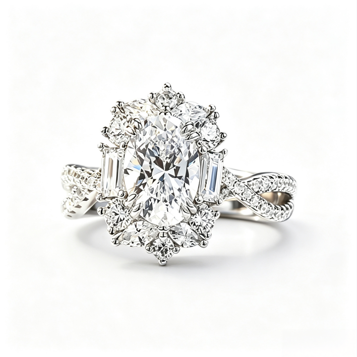 S925 Silver Oval‑Center Floral Halo Diamond Ring, Vintage Twist‑Shank Engagement Ring for Women