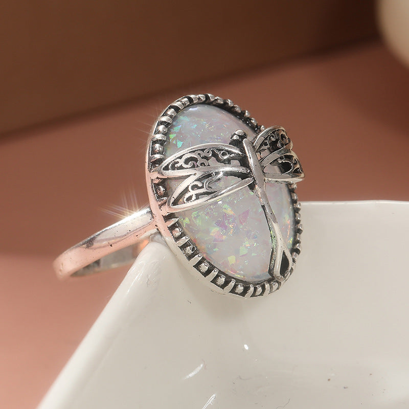 Vintage Hollow Dragonfly White Mother-of-Pearl Oval Ring, Antique S925 Silver Scalloped Bezel Art Statement Ring