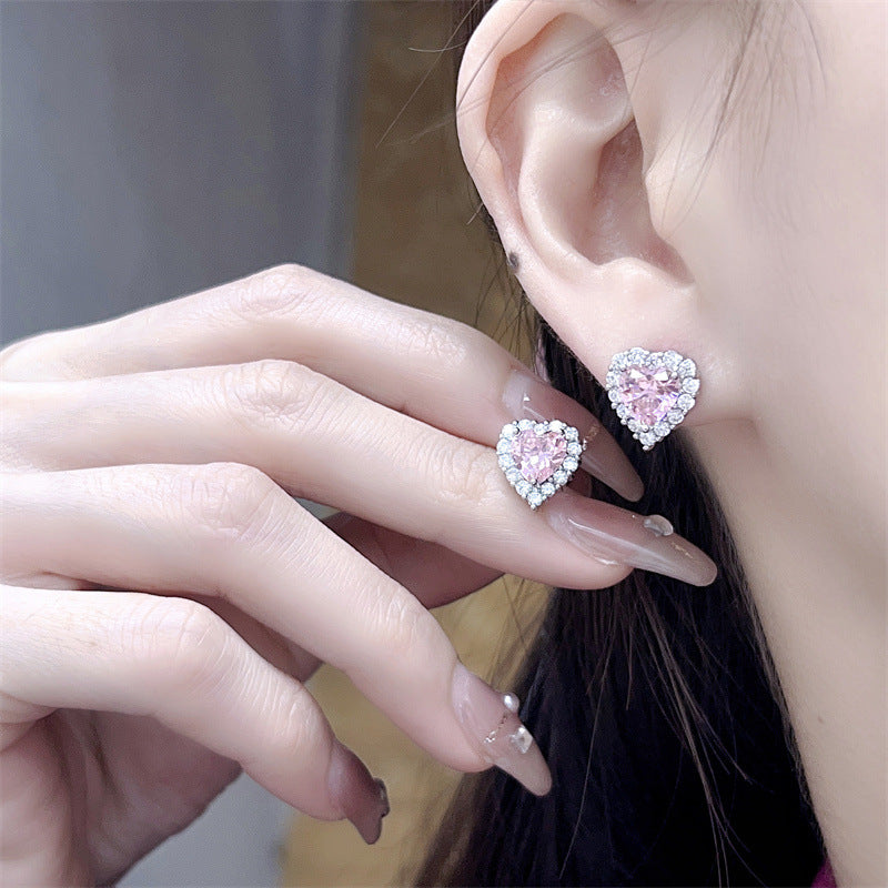 Pink Diamond Heart Halo Jewelry Set (Sweet-Cool Girlish Heart Light Luxury Style)