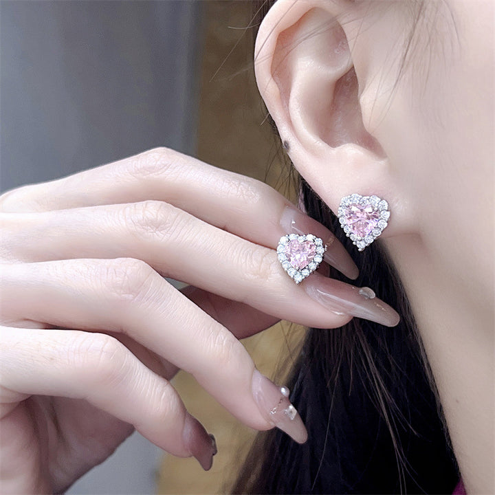 Pink Diamond Heart Halo Jewelry Set (Sweet-Cool Girlish Heart Light Luxury Style)