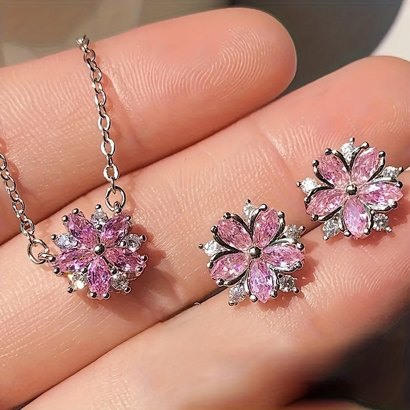 Pink Diamond Cherry Blossom Jewelry Set, Necklace Ring Earring 3‑Piece Kit