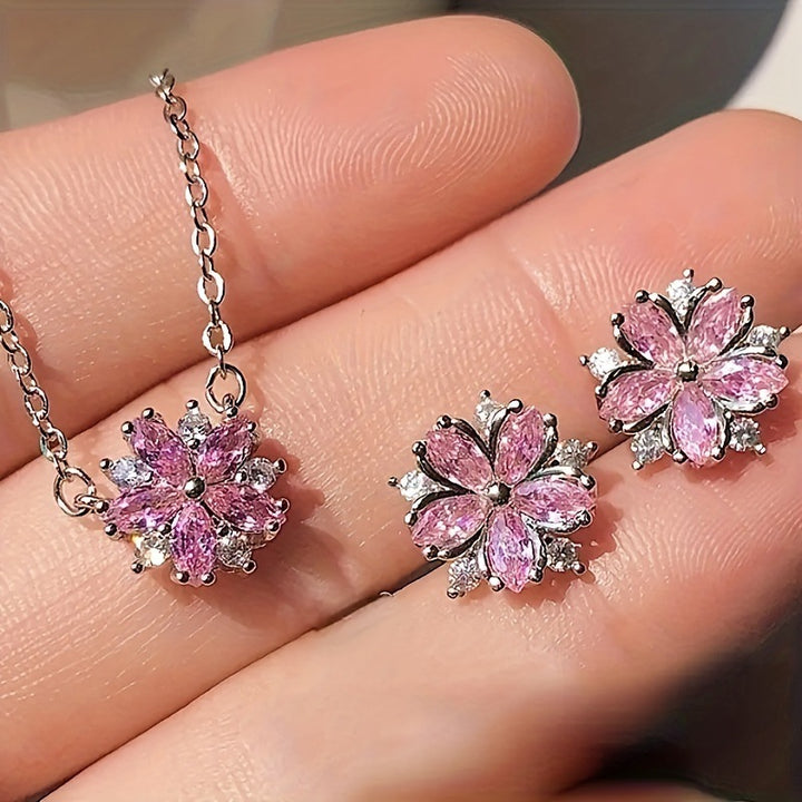 Pink Diamond Cherry Blossom Jewelry Set, Necklace Ring Earring 3‑Piece Kit
