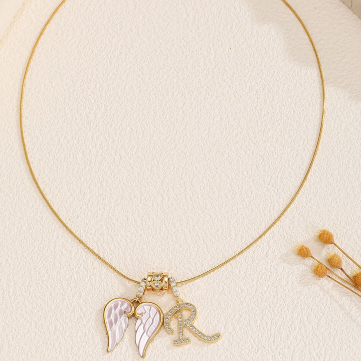 Pink Enamel Angel Wing Initial Necklace, Custom 26 Letters Gold Plated Diamond Pendant