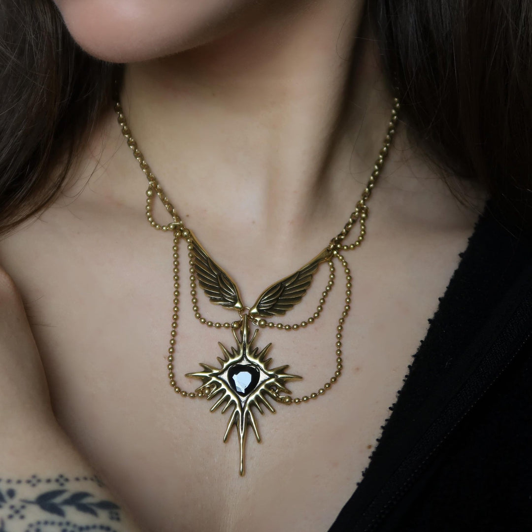Vintage Wing Black Heart Star Necklace, Heavy Multi-Chain Wing Pendant, Antique Gold & Antique Silver Options