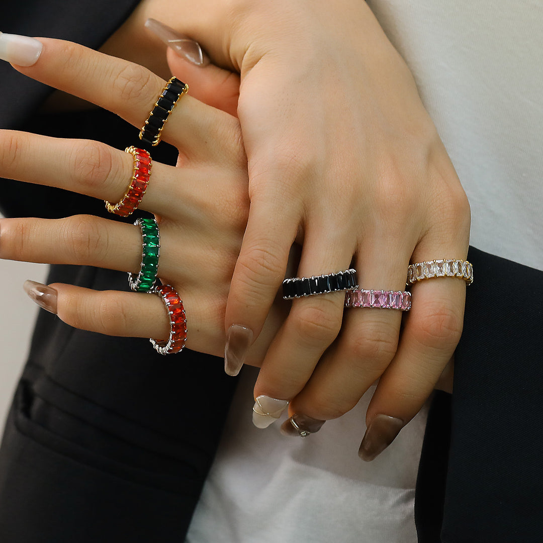 Multi-Color Baguette Diamond Full Eternity S925 Silver Ring