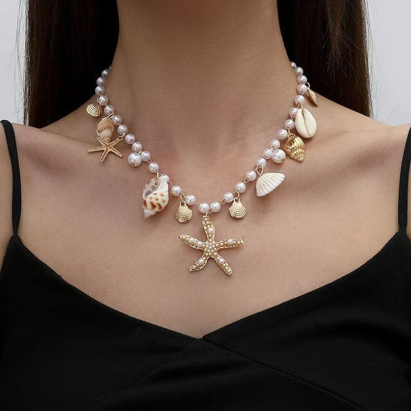 Ocean Shell Starfish Pearl 3-Piece Jewelry Set, Necklace Bracelet Waist Chain Vacation Niche Accessories
