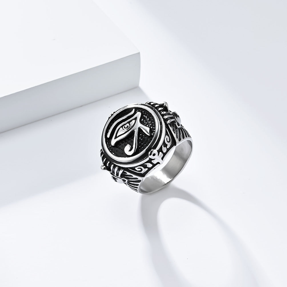 Ancient Egyptian Eye of Horus Embossed Signet Ring, S925 Silver Two-Tone Antiqued Mystic Vintage Band For Men