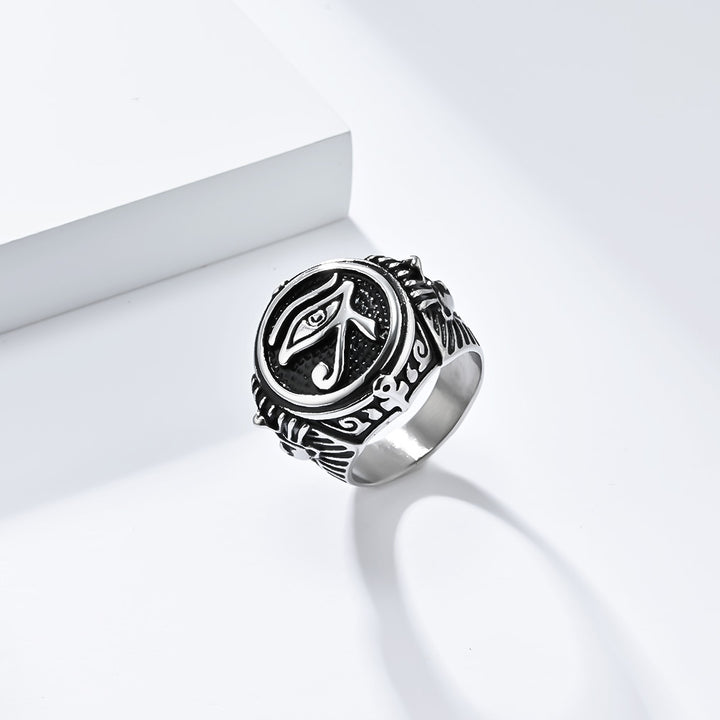 Ancient Egyptian Eye of Horus Embossed Signet Ring, S925 Silver Two-Tone Antiqued Mystic Vintage Band For Men