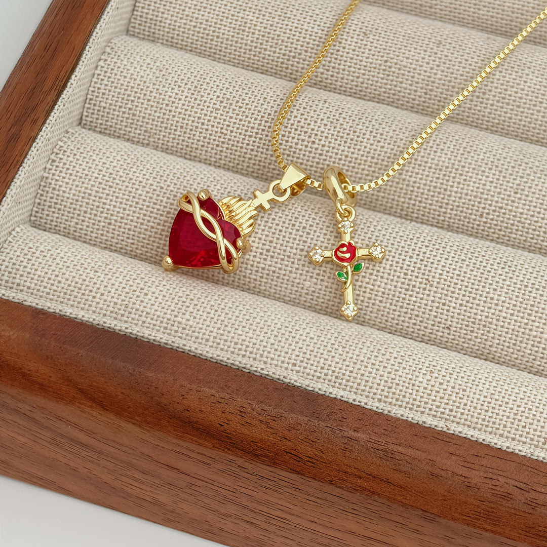 Sacred Heart Red Diamond & Rose Cross Combo Necklace, 3 Heart Styles Vintage Faith Choker