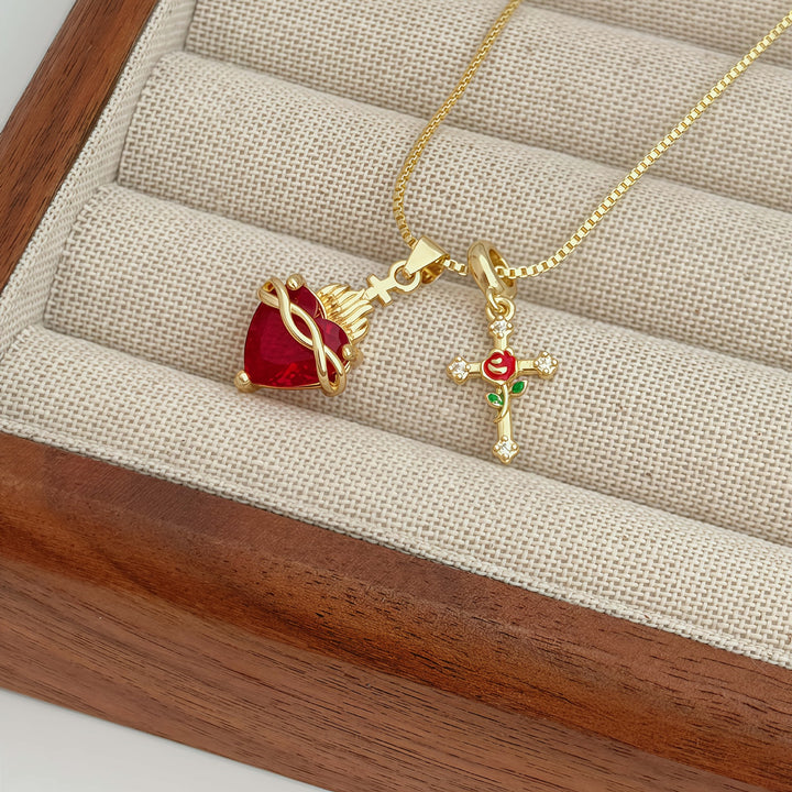 Sacred Heart Red Diamond & Rose Cross Combo Necklace, 3 Heart Styles Vintage Faith Choker