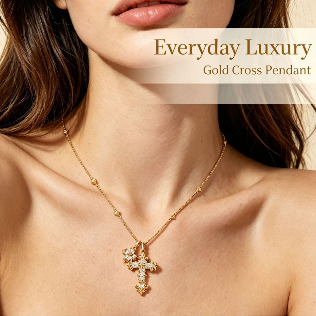 Vintage Double Cross Diamond Necklace, S925 Sterling Silver Gothic Twin Cross Pendant, Gold & Silver Two-Tone Unique Clavicle Chain