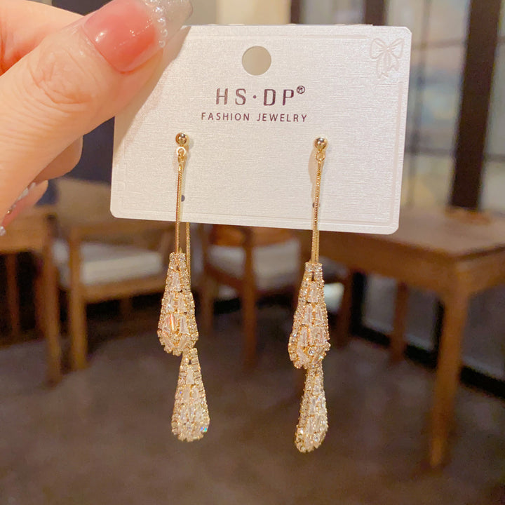 Double Layer Teardrop Full Diamond Long S925 Silver Threader Earrings, Luxury Baguette Cut Diamond Dangle Earrings, Gold & Silver Two Tones