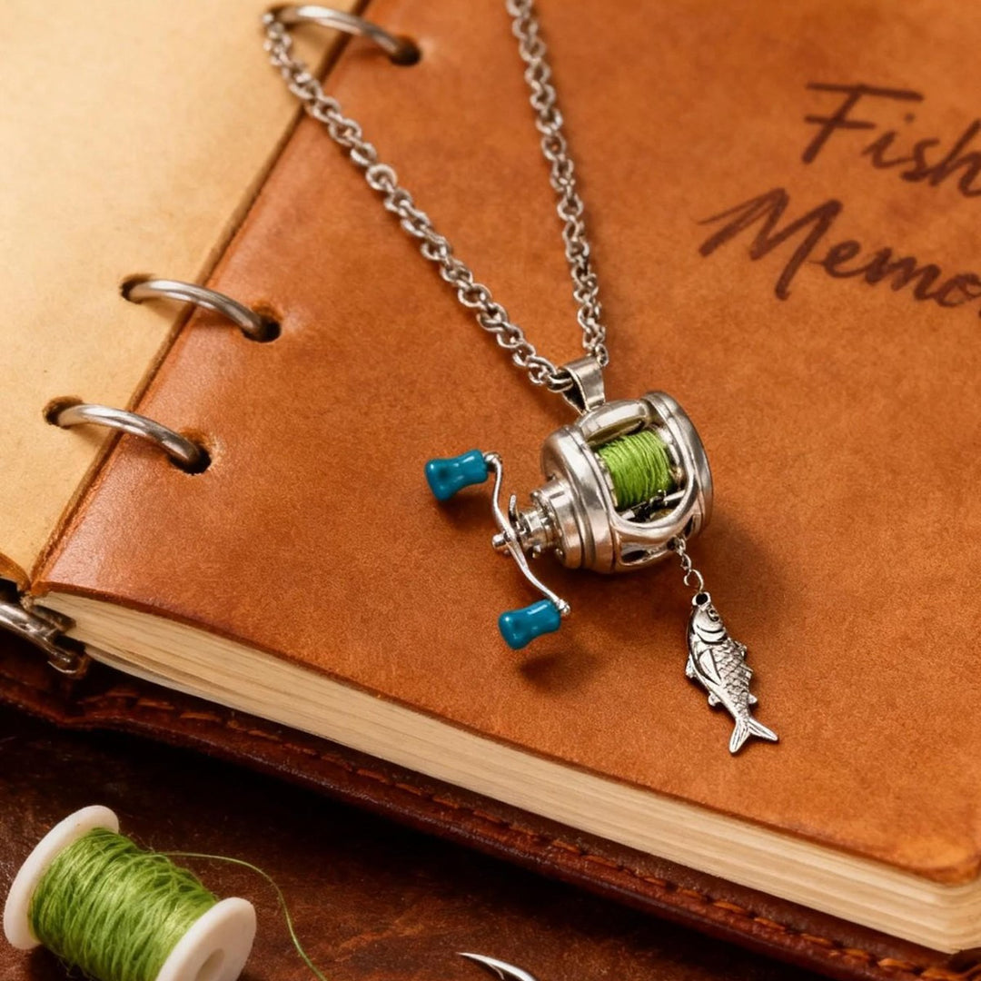 Mini Fishing Reel Pendant Necklace (Antique Silver Men's Unique Jewelry)