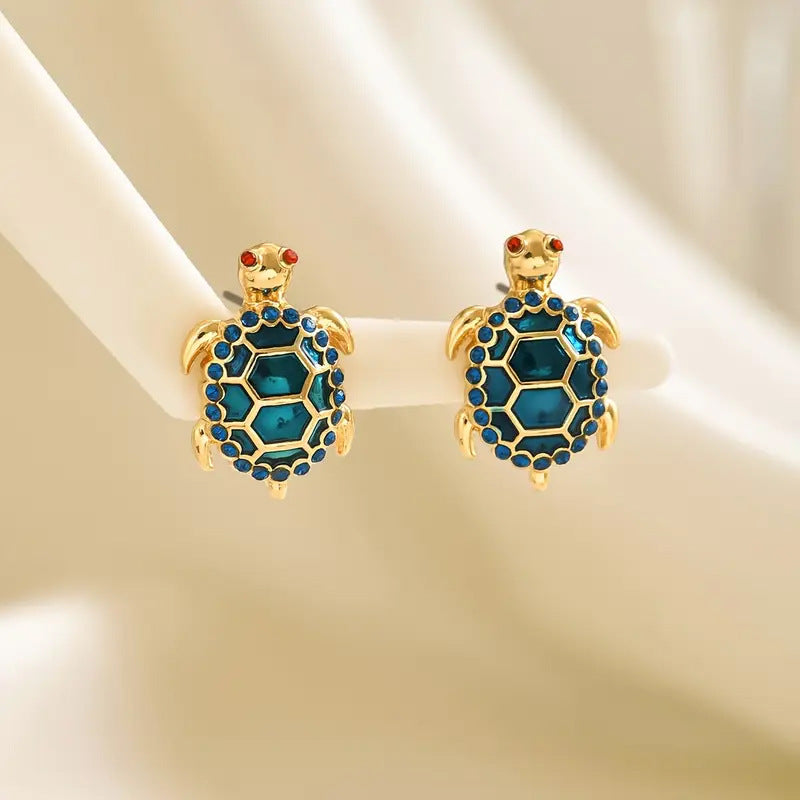 Vintage Enamel Turtle Stud Earrings, Ocean Style Paved Diamond 3D Animal Unique Earrings for Women