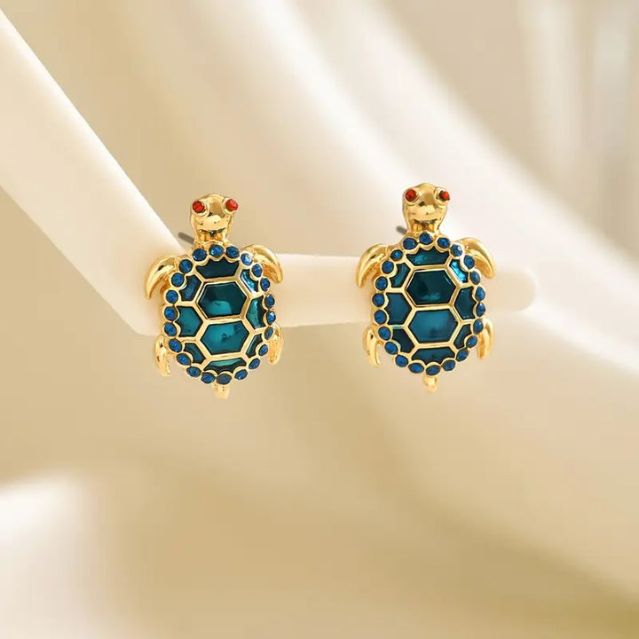 Vintage Enamel Turtle Stud Earrings, Ocean Style Paved Diamond 3D Animal Unique Earrings for Women