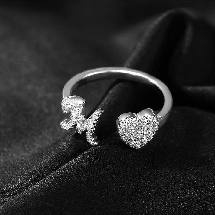 26 Letter Heart S925 Silver Open Ring, Paved Diamond Adjustable Letter Heart Band Available in 3 Tones