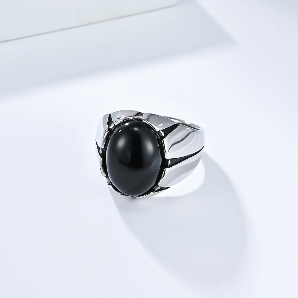 S925 Silver Oval Cabochon Gemstone Men Ring, Geometric Setting Tiger's‑Eye & Black Onyx Wide Band for Men