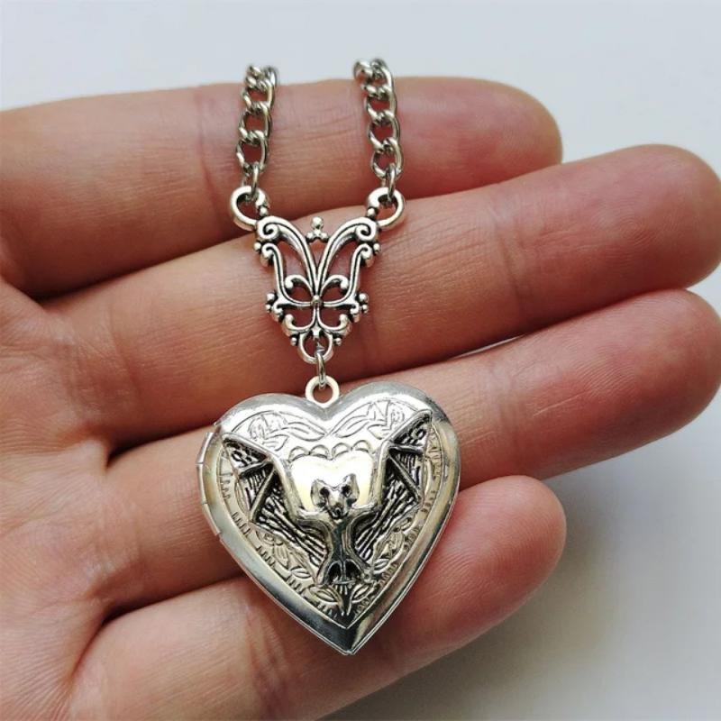 Gothic Bat Heart Locket Necklace (2 Styles Punk Statement Pendant)