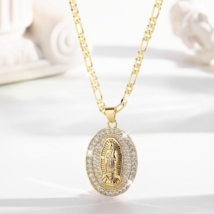 Oval Virgin Mary Diamond Pendant Necklace