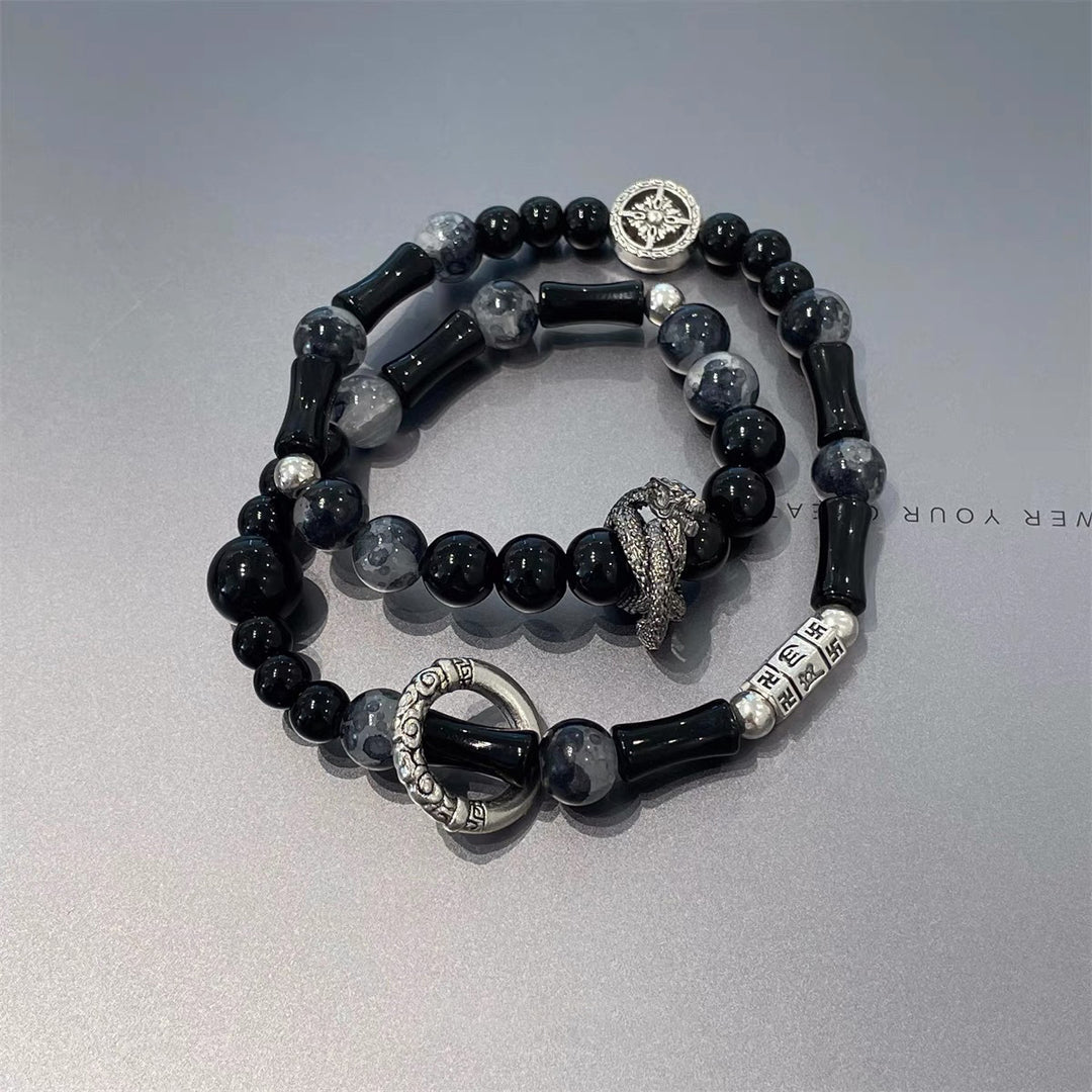 Black Onyx Bamboo Joint Double-Layer Beaded Bracelet (Men's Dark Style Jewelry)
