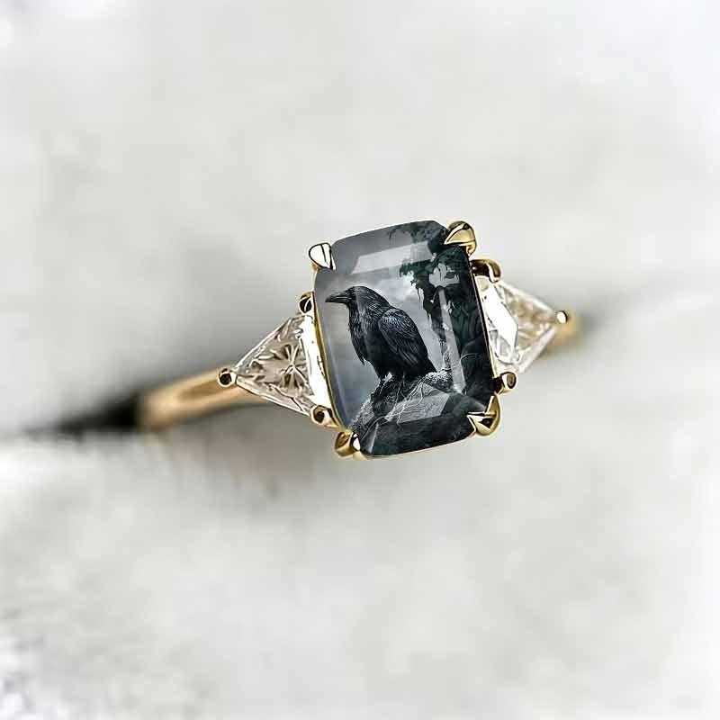 Rectangle‑Shape Crow Printed Ring, Two‑Tone Options