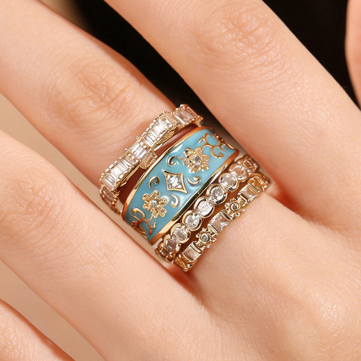 French Enamel Floral Pave Diamond 4-Piece Stackable Ring Set, Solid S925 Silver Gold Tone Vintage Palace Band Set