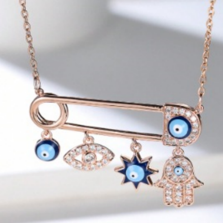 Evil Eye Safety Pin Pendant Necklace (3 Colors Turkish Inspired Choker)
