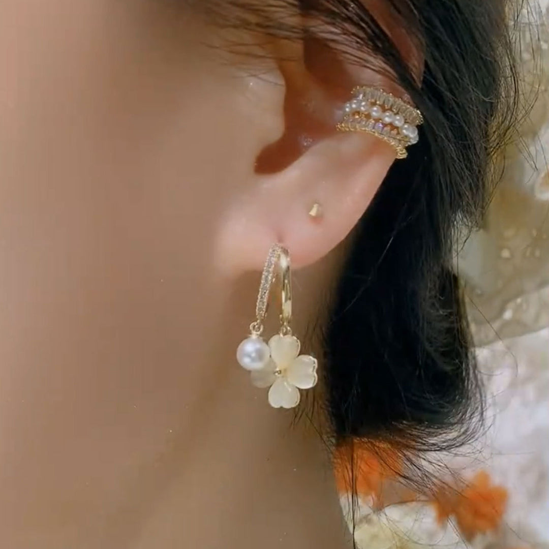 Crystal Clover & Pearl Huggie Earrings (Gentle Daily Commute Jewelry)