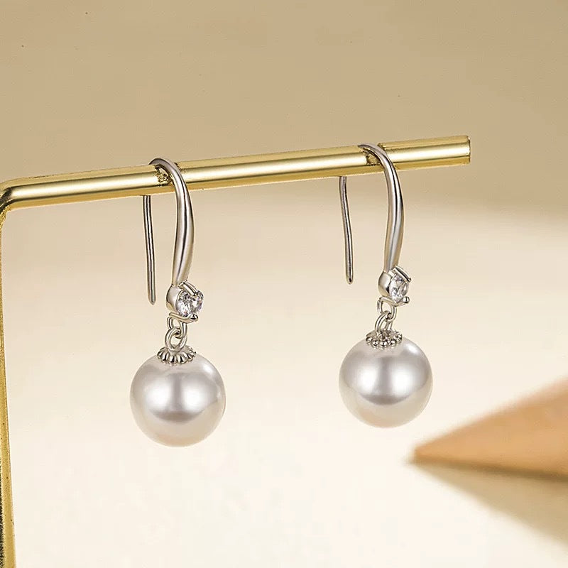 Minimalist Diamond Pearl Hook Earrings, Luxury Commuter Round Pearl Drop Earrings
