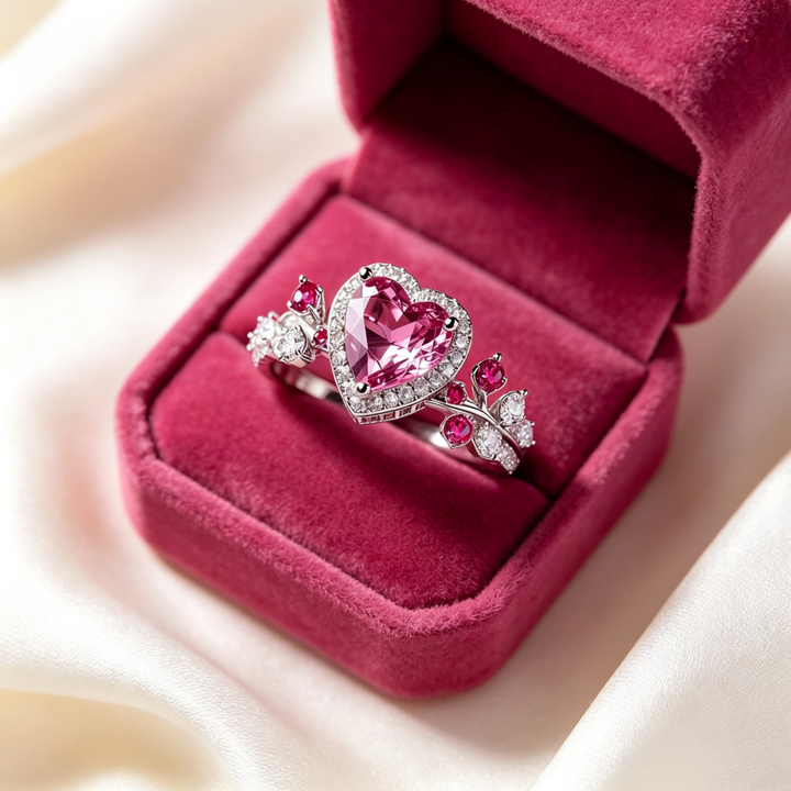 Heart‑Shaped Pink Gemstone Leaf‑Branch Diamond S925 Sterling Silver Ring