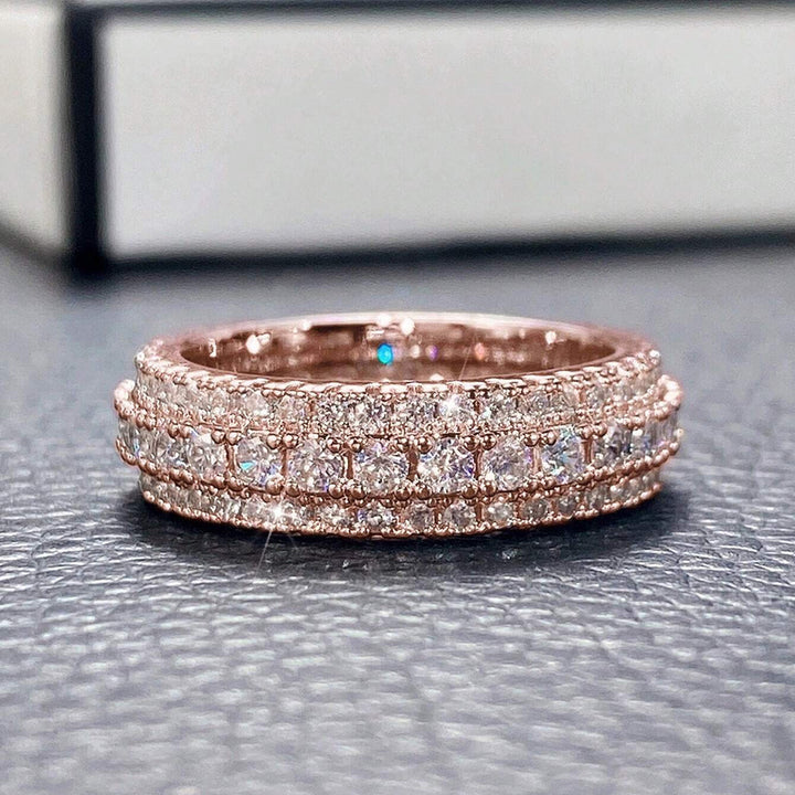 Three‑Row Full‑Paved S925 Silver Band Ring, Vintage Milgrain Eternity Ring With Full‑Circle Diamonds, Gold / Silver / Rose‑Gold Three‑Tone