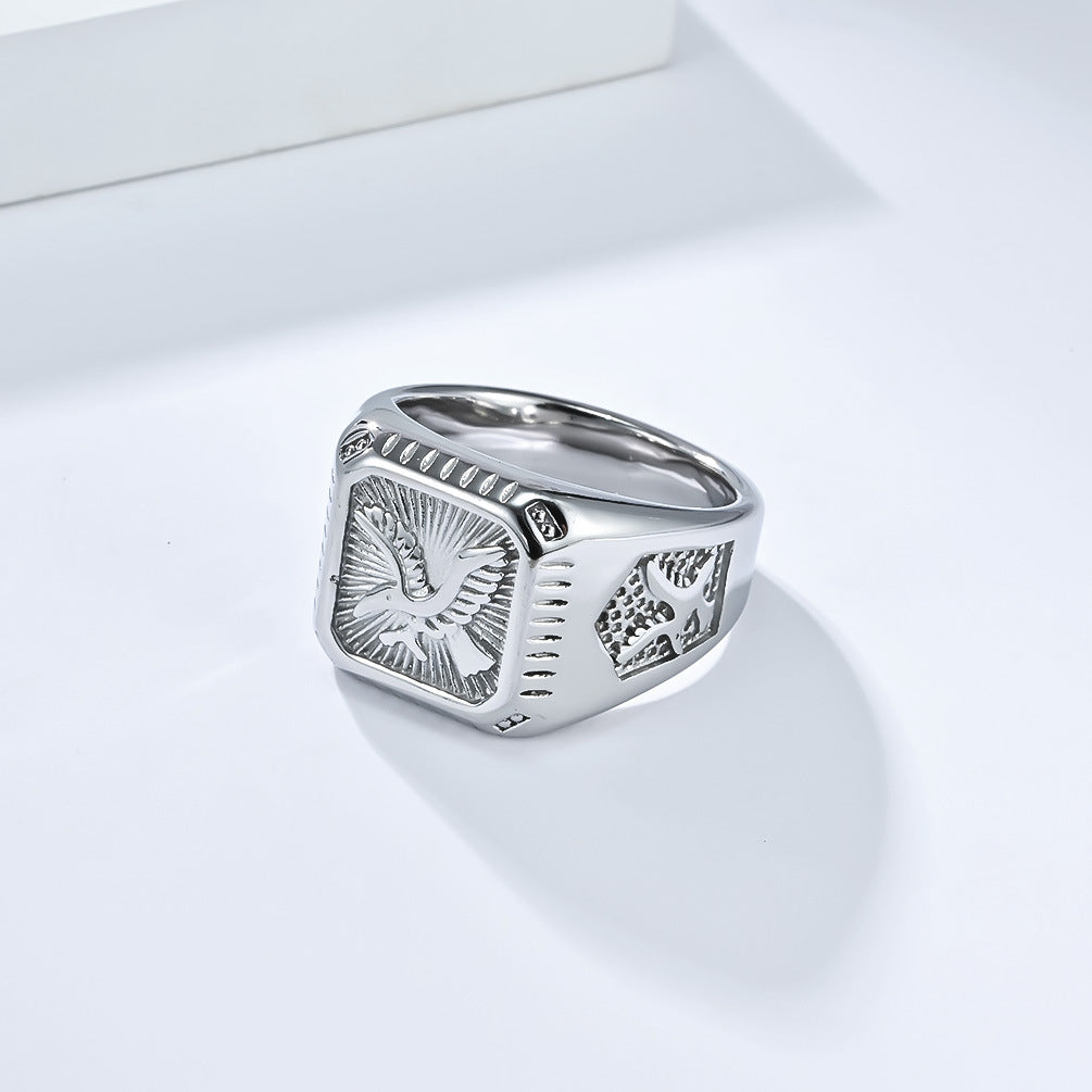 Vintage Embossed Eagle Square Men Ring, Gold & Silver Retro Wide Band Business Statement Signet Ring