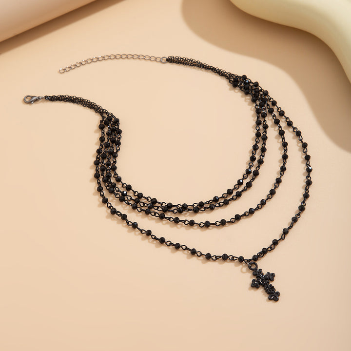 Multi-Layer Black Beaded Cross Pendant Necklace, Dark Style 4-Row Stack Cross Choker, Gothic Punk Collarbone Jewelry