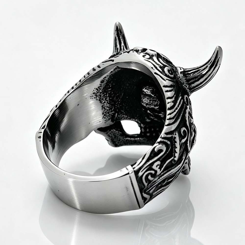 Horned Tusk Carved Skull Ring, S925 Silver Antiqued Viking Gothic Dark Statement Band For Men