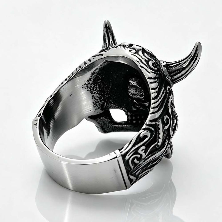 Horned Tusk Carved Skull Ring, S925 Silver Antiqued Viking Gothic Dark Statement Band For Men