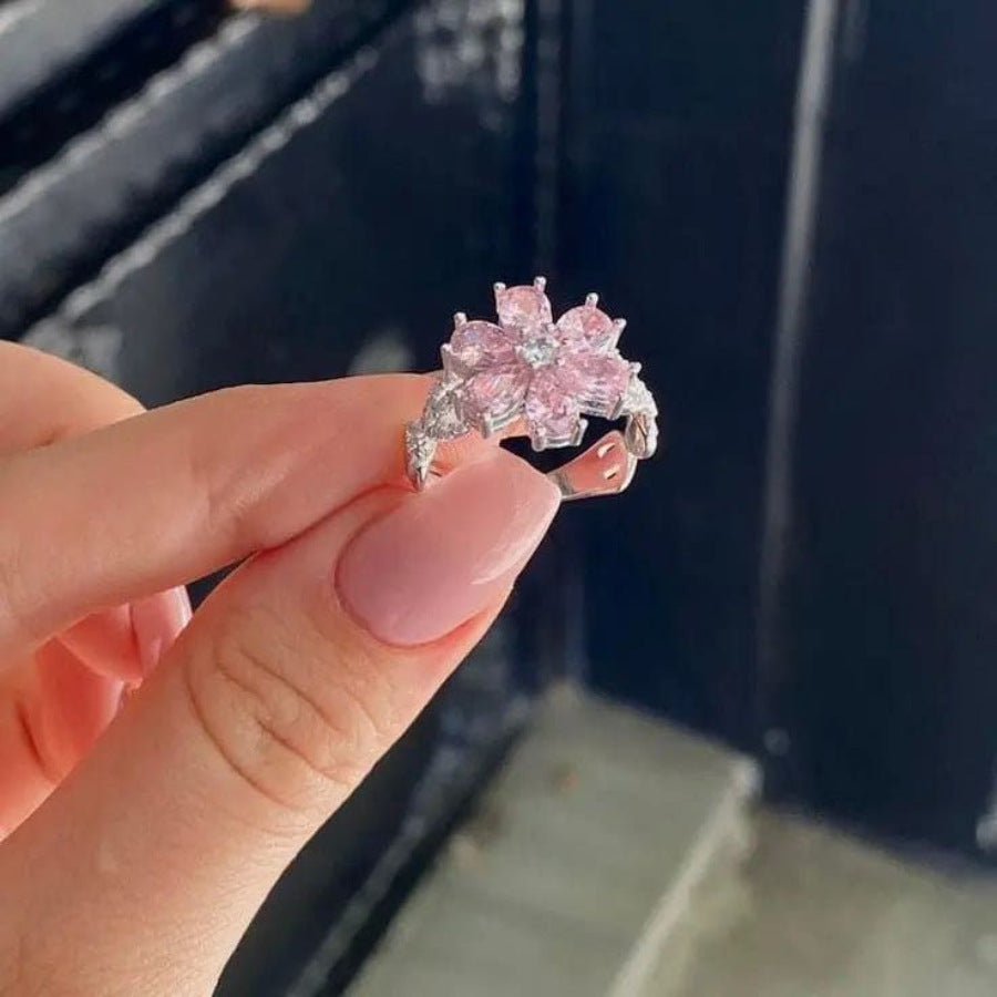 Six-Petal Pink Diamond Flower Open Ring, Heavy Luxury Sakura Pink Diamond Adjustable Hollow Band