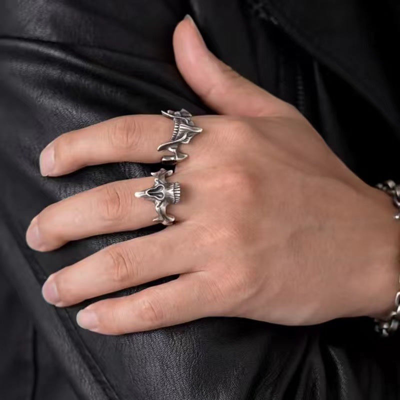 Split Half Skull Open Couple Ring Set, S925 Silver Antiqued Dark Alternative Adjustable Band Pair