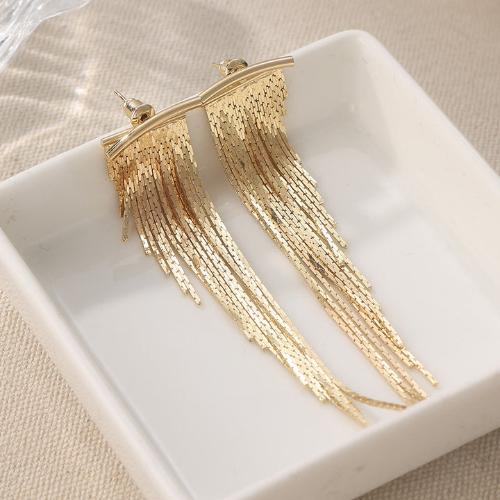 Luxury Gradient Long Metal Tassel Earrings, Horizontal Bar Shiny Chain Dangle Stud Earrings, Gold & Silver Evening Statement Jewelry