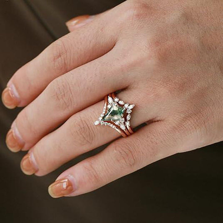 Kite‑Cut Moss Agate Three‑Piece Stackable Ring Set, Three‑Color Options