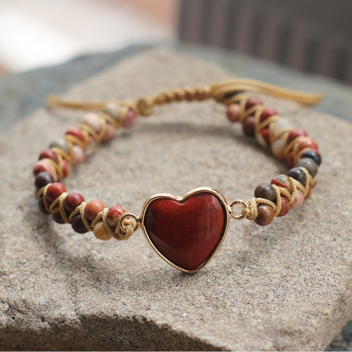 Heart Natural Stone Woven Adjustable Bracelet, Multi‑Color Boho Beaded Bracelet