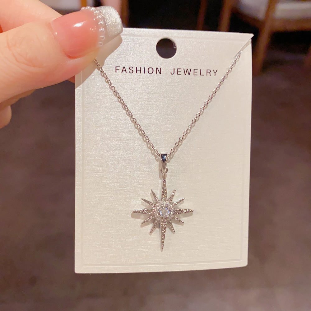 Vintage Eight‑Pointed Star Diamond Pendant Necklace, S925 Silver Two‑Tone Celestial‑Theme Women’s Collarbone Necklace