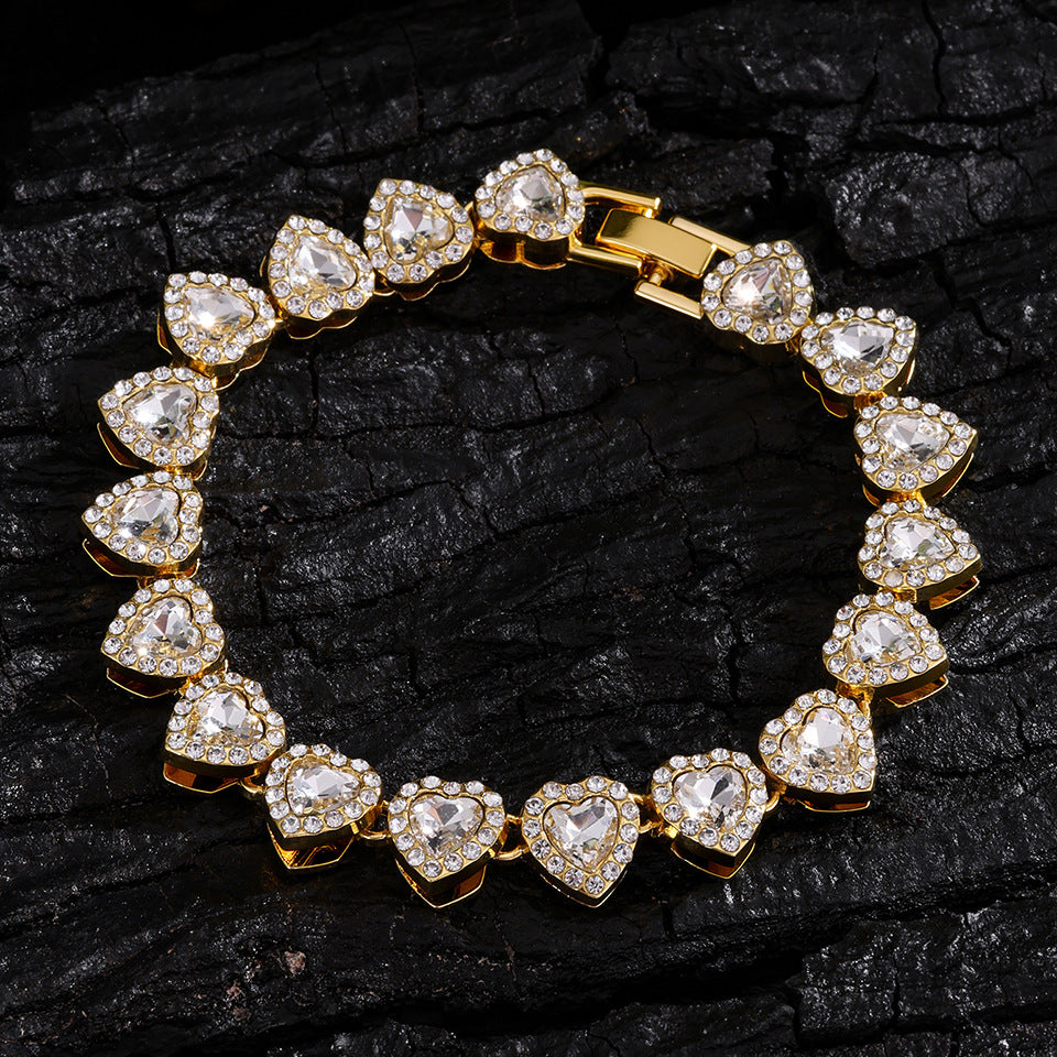 Full Paved Heart Chain Bracelet & Necklace Set, Sweet Style Dual-tone Heart Halo Diamond Matching Jewelry for Women & Couples