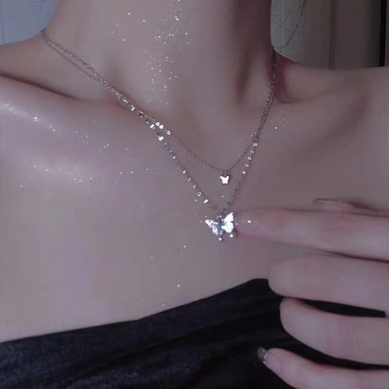 Double Layer Stacked Big & Small Butterfly Necklace, Pavé Butterfly Two-Tier Collarbone Chain, Silver Stacking Jewelry
