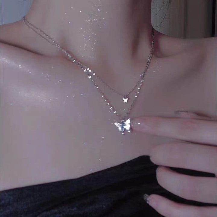 Double Layer Stacked Big & Small Butterfly Necklace, Pavé Butterfly Two-Tier Collarbone Chain, Silver Stacking Jewelry