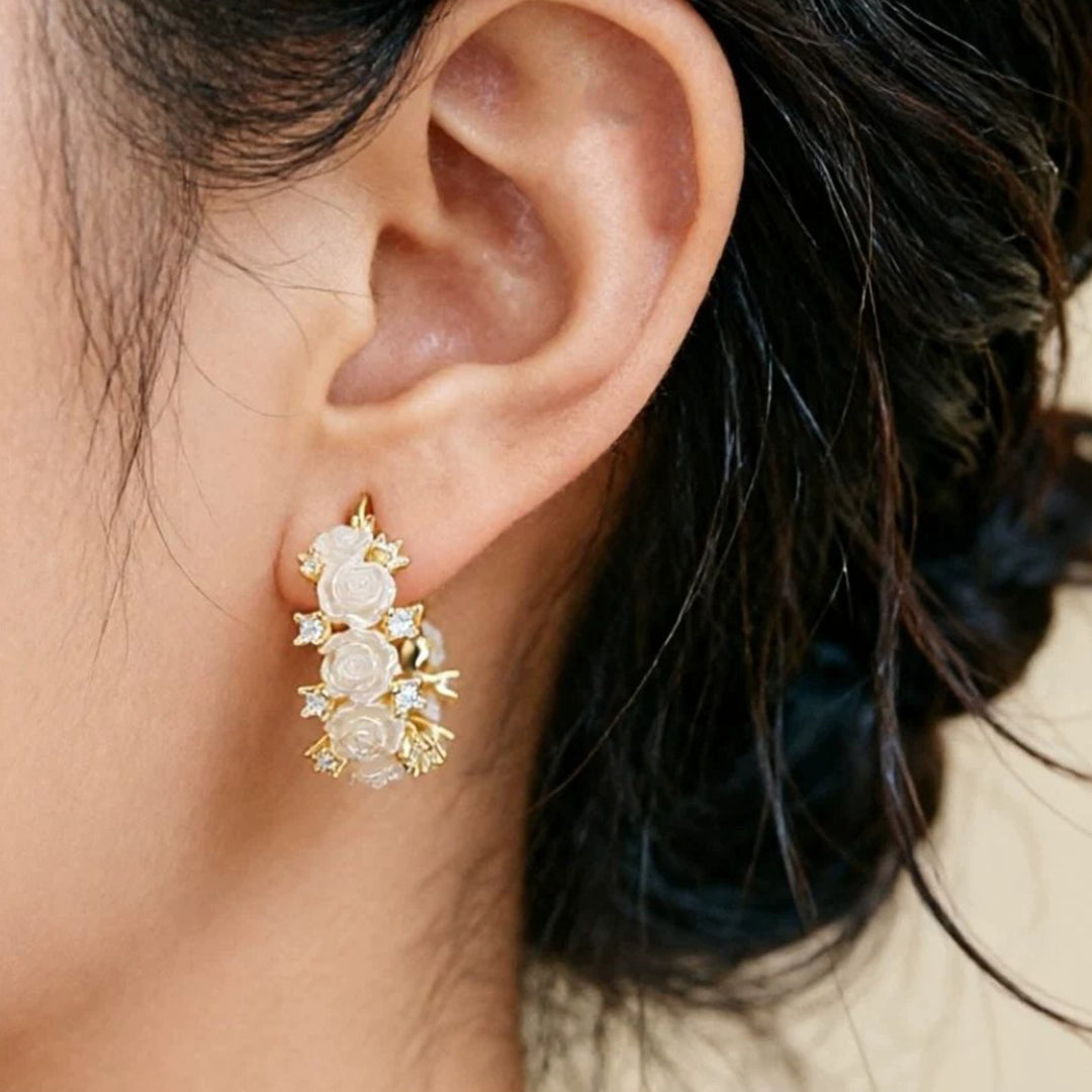 White Rose Wreath Hoop Earrings, Gentle 3D Rose Diamond Circle Earrings, Gold Luxury Earrings