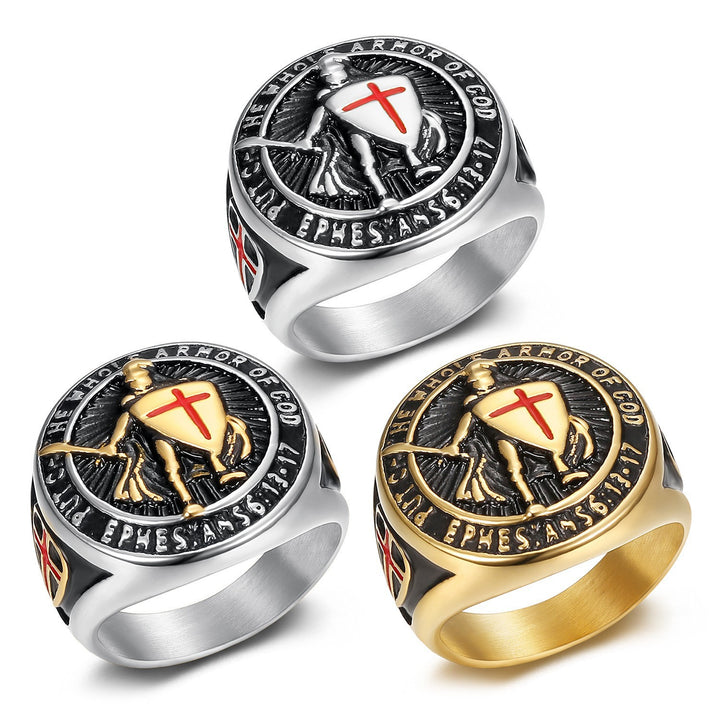 Templar Knight Cross Armor Embossed Round Signet Ring, S925 Silver Gold & Silver Two-Tone Vintage Religious Men’s Band