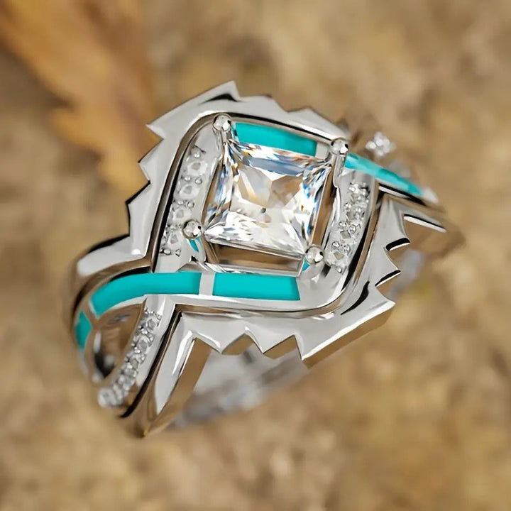 Native American Style Turquoise Inlay Diamond Stackable Ring Set, Square Gem Luxury Engagement Stacking Band