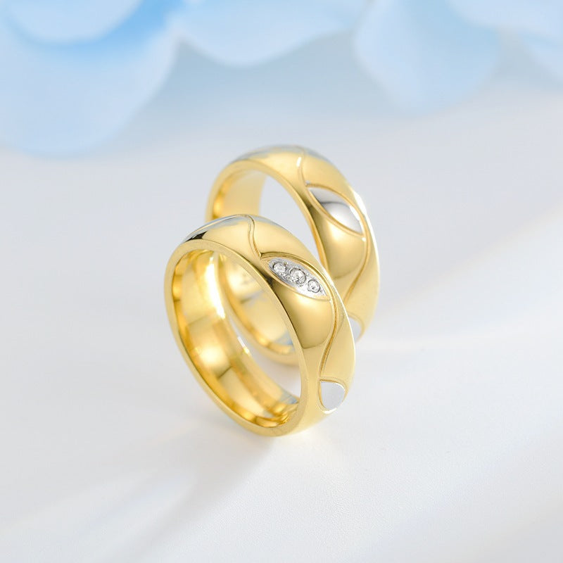 Two-Tone Heart-Accent Couple's Ring – Minimalist Gold & Silver Contrast Engagement/Wedding Bands